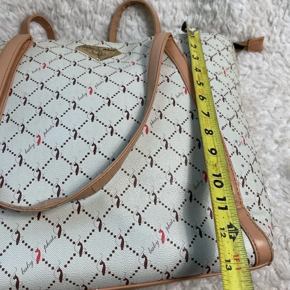 Babyphat beige logo brown & orange large tote with tan traps studs accents